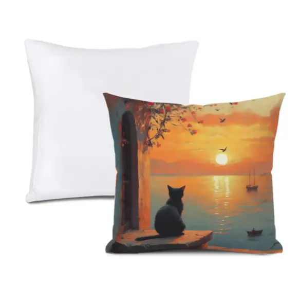 VividHome Throw Pillow with Insert, Black Cat Sunset Art Decorative Pillow, Double-Sided Polyester Faux Linen Cushion for Couch Living Room Sofa, Invisible Zipper Soft Case, 12x12 Inch