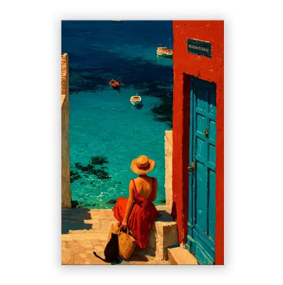 VividWall Coastal Canvas Wall Art, 24x36 Framed Mediterranean Landscape Art, Red Dress Woman by Sea Poster for Living Room Bedroom, Ready to Hang Wood Frame, Oxford Fabric, Gift Idea