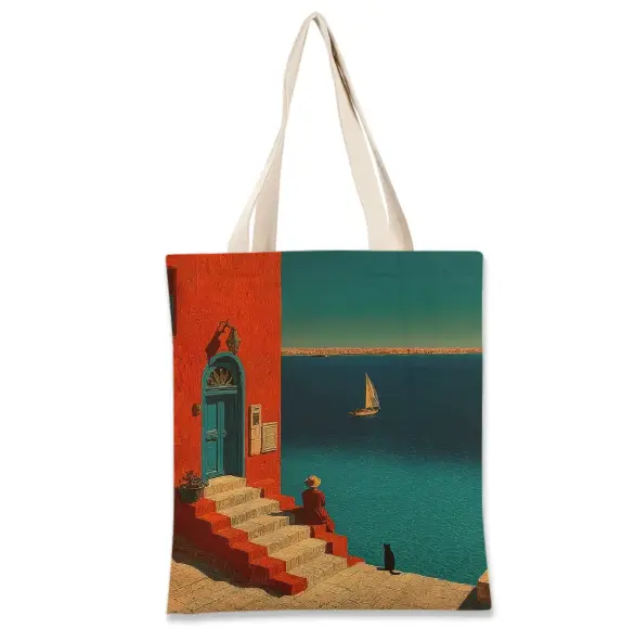 Artisan Home Linen Shopping Bag, Reusable Tote Carrier with Coastal Art Print, Large Capacity Eco-Friendly Carryall for Beach and Travel, Durable Tear Resistant Fabric, Comfortable Wide Shoulder Straps