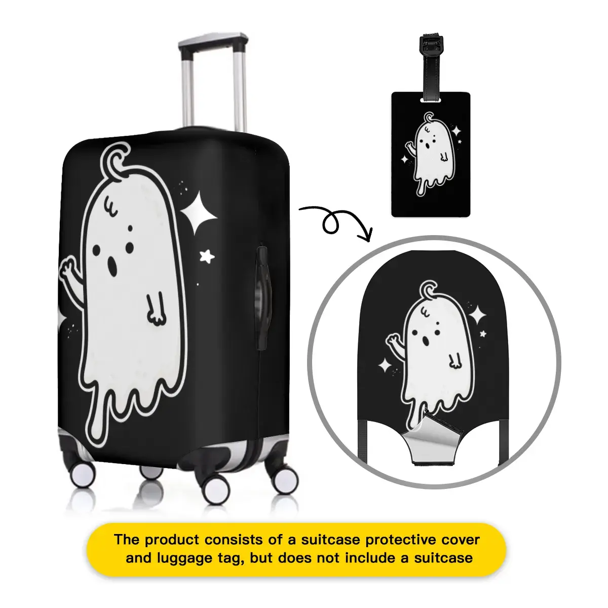 LuggShield Luggage Cover and Tag Set, Cute Ghost Spandex Suitcase Protector, Fits 18-32 Inch Trolley Cases, Elastic Polyester Travel Sleeve, Side Zipper Openings, Includes Matching ID Tag