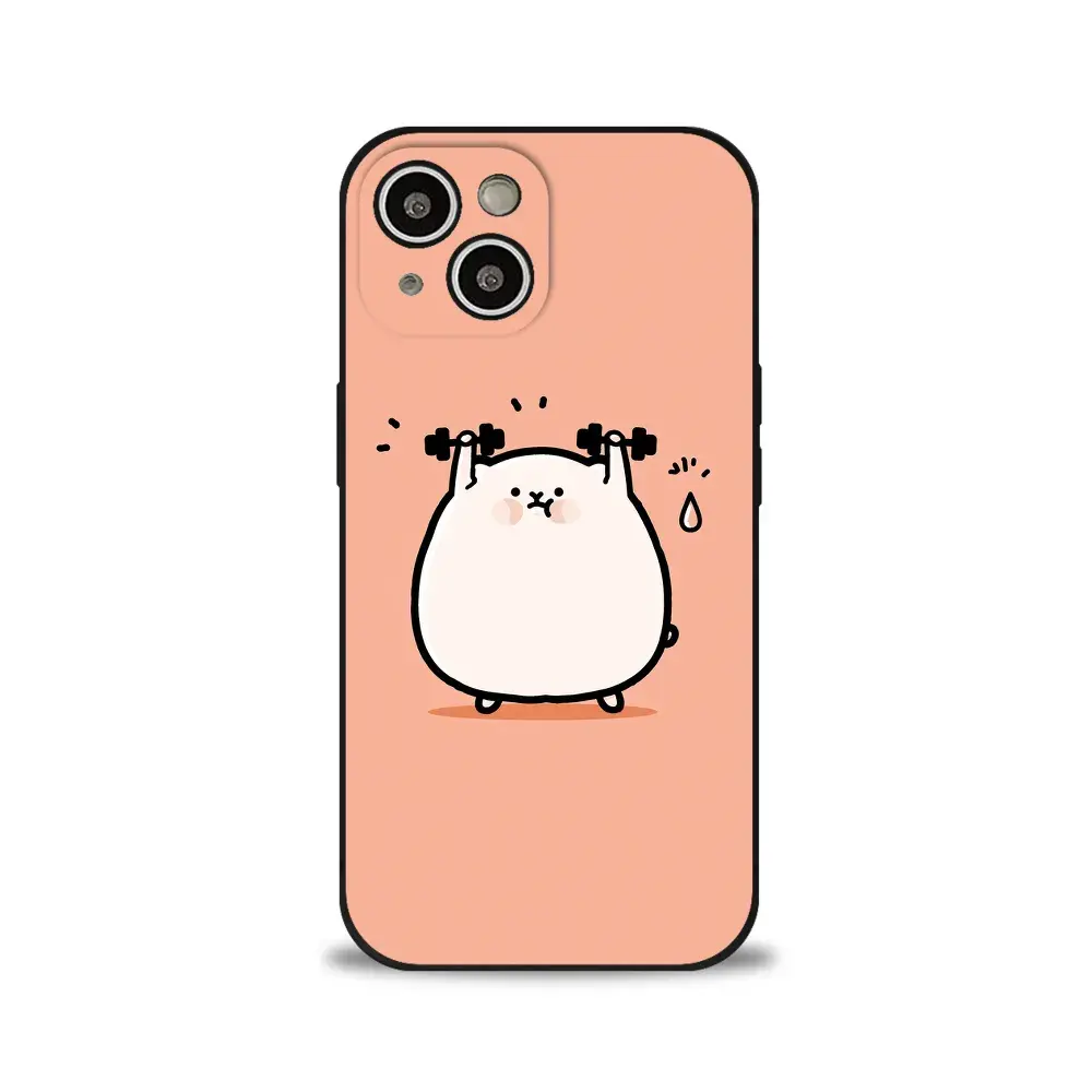 QutePrint Cute Weightlifting Cat iPhone 15 Case, Peach Liquid Silicone Protective Cover, Shockproof Slim Fit Phone Shell, Wireless Charging Compatible, Anti-Scratch Gel Case for Women Girls