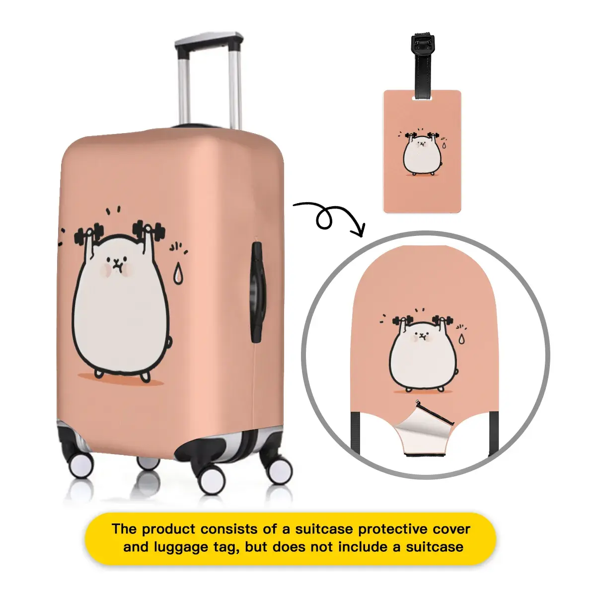 JoyTrip Elastic Luggage Cover and Tag Set, Cute Cartoon Bear Suitcase Protector, Fits S M L XL 18-32 Inch Suitcase, Stretch Spandex Polyester Blend, Side Zipper Openings, Dustproof Travel Sleeve