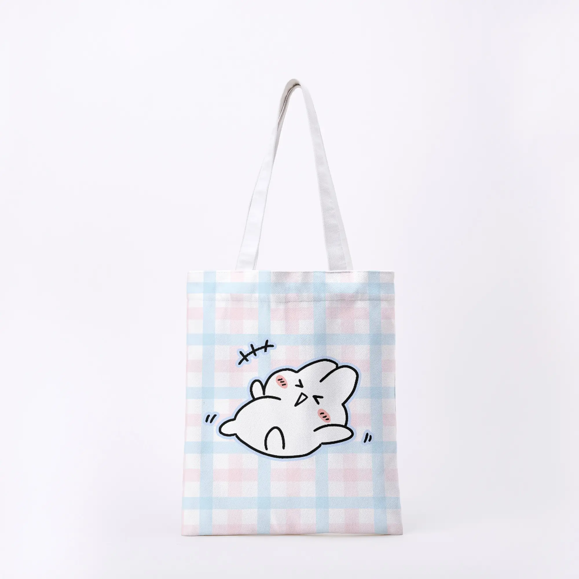 Bolto Cute White Rabbit with Sweet Plaid Pattern Twill Brushed Canvas Tote Bag