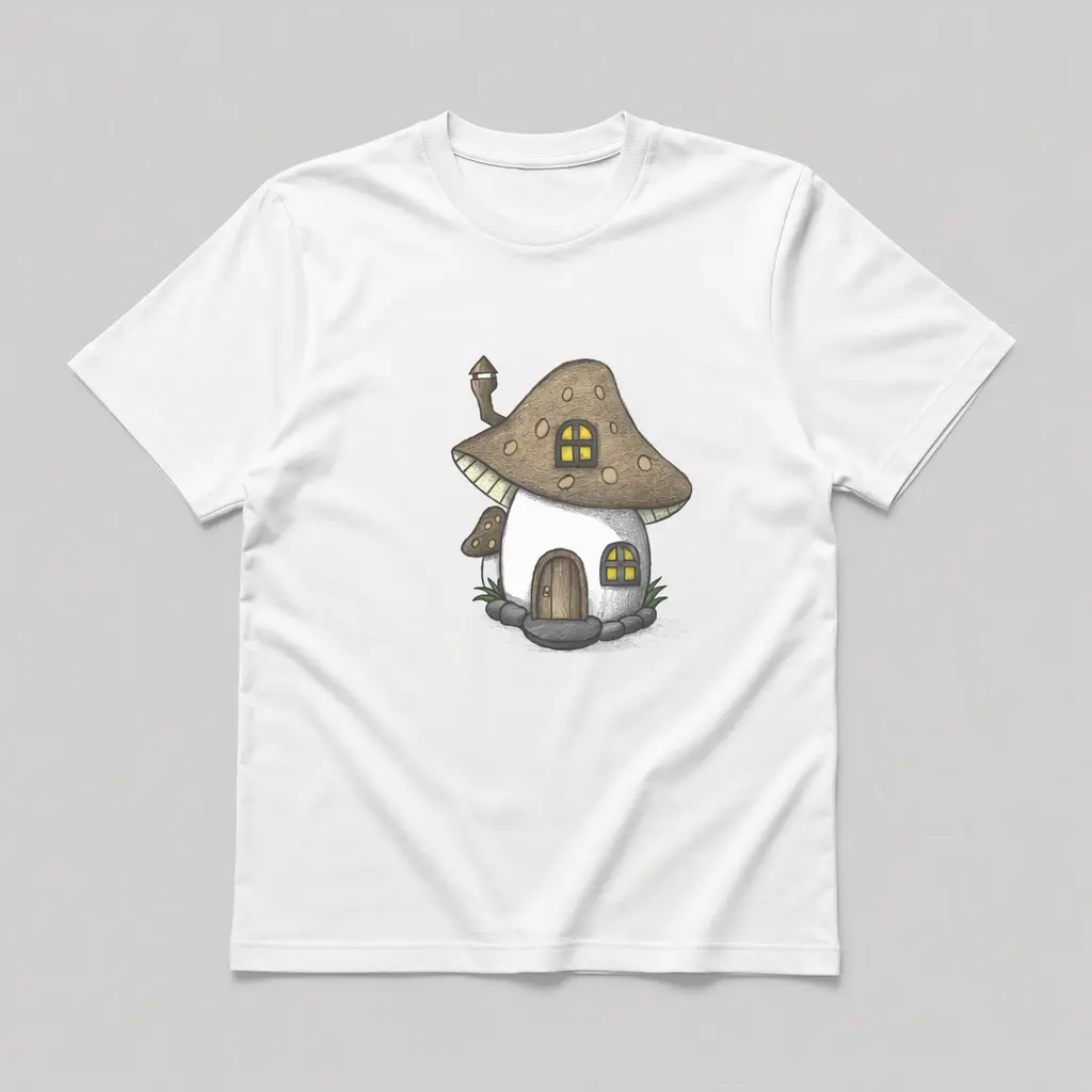 Graphic Cotton T-Shirt, Fairy Tale Mushroom House, Durable Heat Transfer Printing