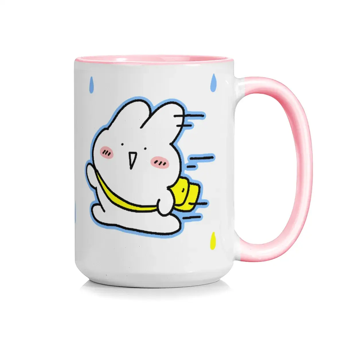 Ceramic mug featuring a chibi rabbit with a backpack running in the rain 🐰