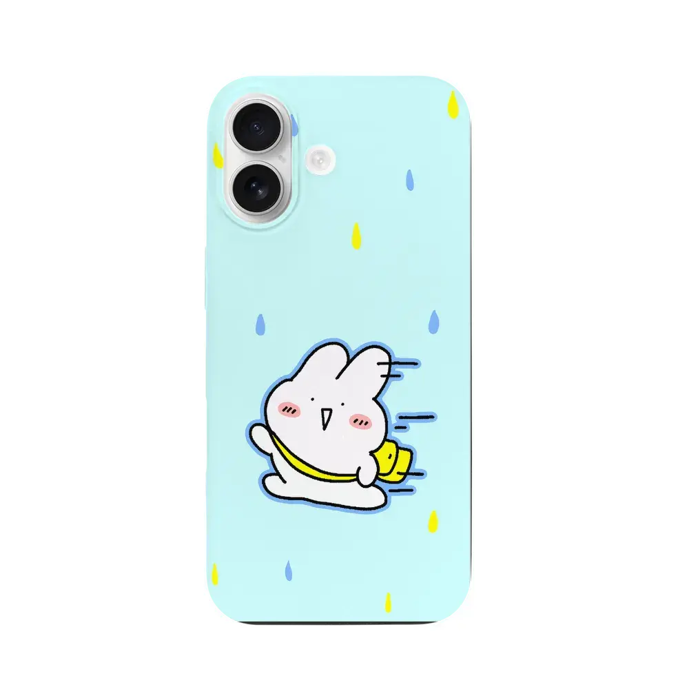 iPhone 17 compatible smartphone case with a print of a chibi rabbit running in the rain against a water-colored background 💧