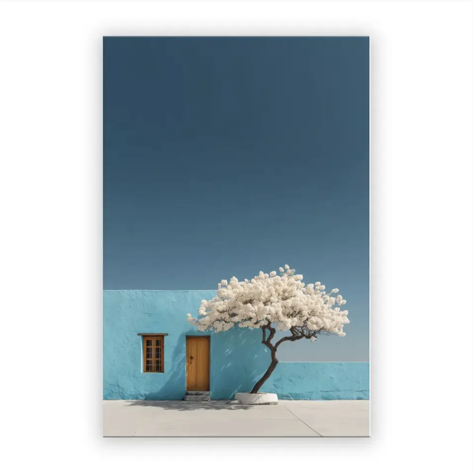 VividLuxe Canvas Wall Art, Stampa di Albero in Fiore Bianco su Parete Blu, Decorazione da Parete Paesaggio Moderno per Soggiorno Camera da Letto Ufficio, Tela Oxford con Cornice in Legno Pronta da Appendere, 24x36 Pollici
