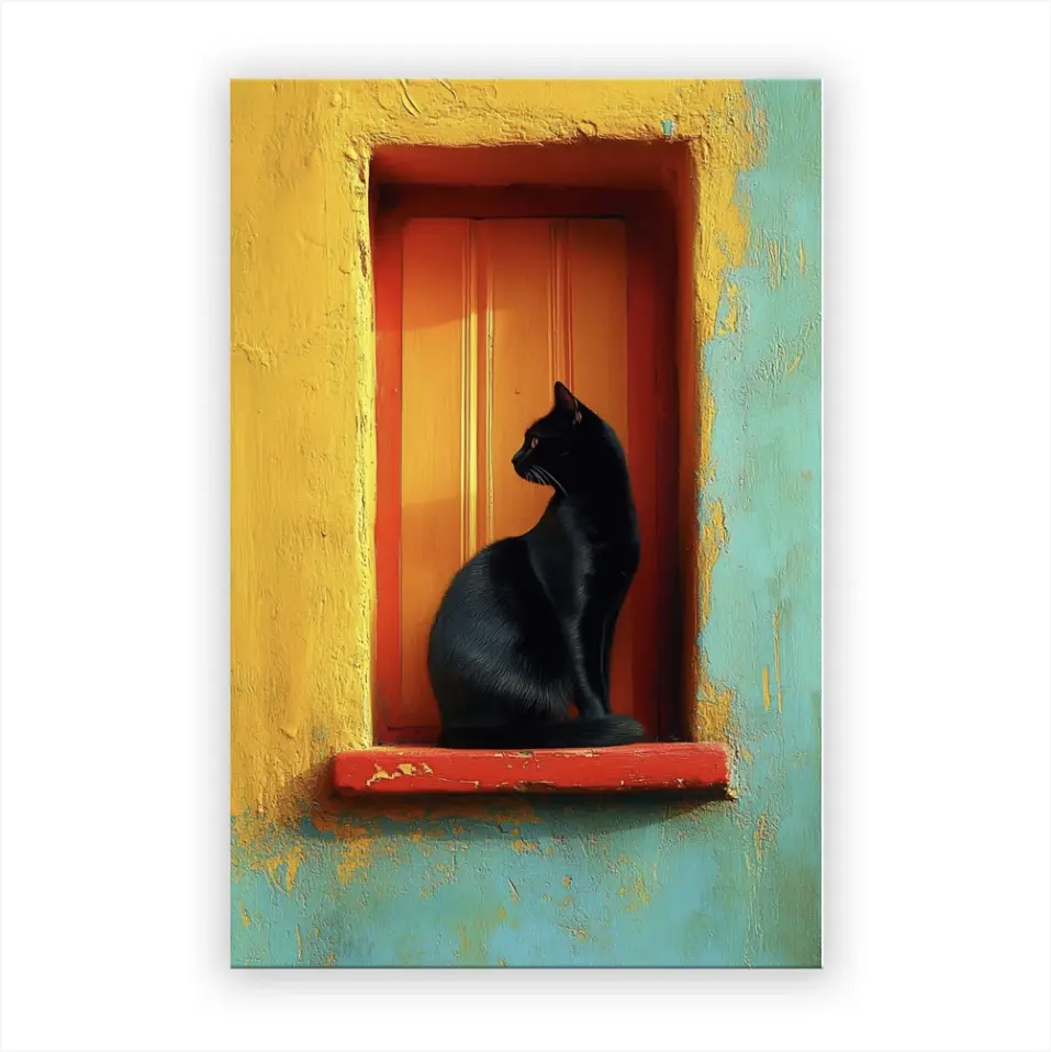 VividHome Quadro su tela con gatto nero, stampa artistica colorata di animali con cornice da 24x36 pollici, stampa moderna su tessuto Oxford per decorazione di soggiorno e camera da letto, telaio in legno pronto da appendere, vivace regalo di inaugurazione della casa