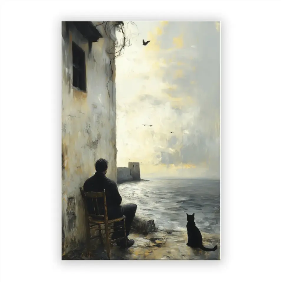 AuraDecor Quadro su tela con cornice, dipinto di uomo e gatto nero in riva al mare, grande paesaggio oceanico 24x36 pollici per soggiorno, cornice in legno pronta da appendere, stampa HD su tessuto Oxford, ganci in metallo inclusi