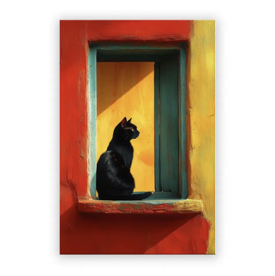 VividHome Quadro da Parete Gatto Nero, Stampa su Tela Oxford con Cornice 24x36, Opera d'Arte Animale Finestra Colorata con Cornice in Legno Massello, Poster Moderno per Decorazione Soggiorno Pronto da Appendere, Ganci in Metallo, 60x90cm