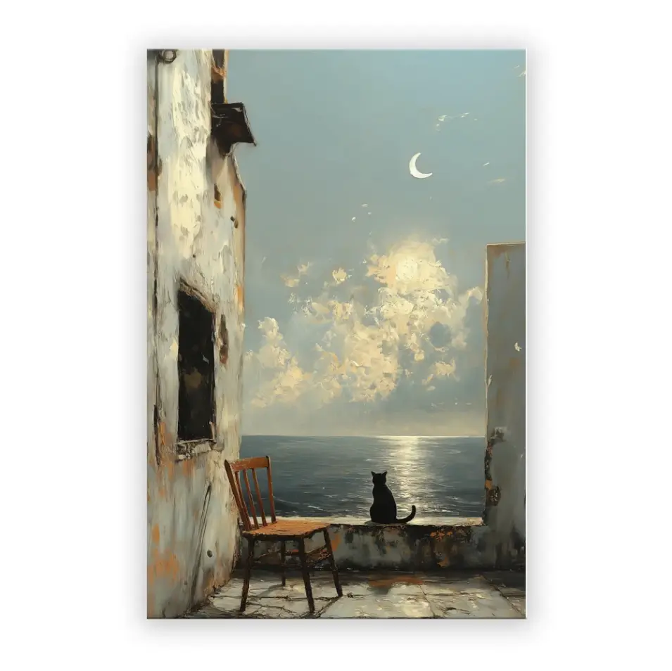 VividHome Quadri su tela, dipinto di gatto nero su mare al chiaro di luna, 24x36 pollici con cornice, decorazione da parete costiera moderna per soggiorno, tessuto Oxford di alta qualità su telaio in legno, pronto da appendere con ganci
