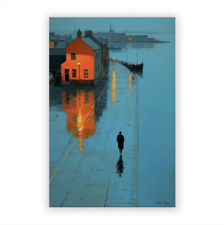 Arte murale su tela Muralia, dipinto blu e arancione al crepuscolo in un porto suggestivo, stampa su tessuto Oxford con cornice per soggiorno, telaio in legno massiccio pronto da appendere, decorazione moderna per ufficio, 24x36 pollici (60x90 cm)