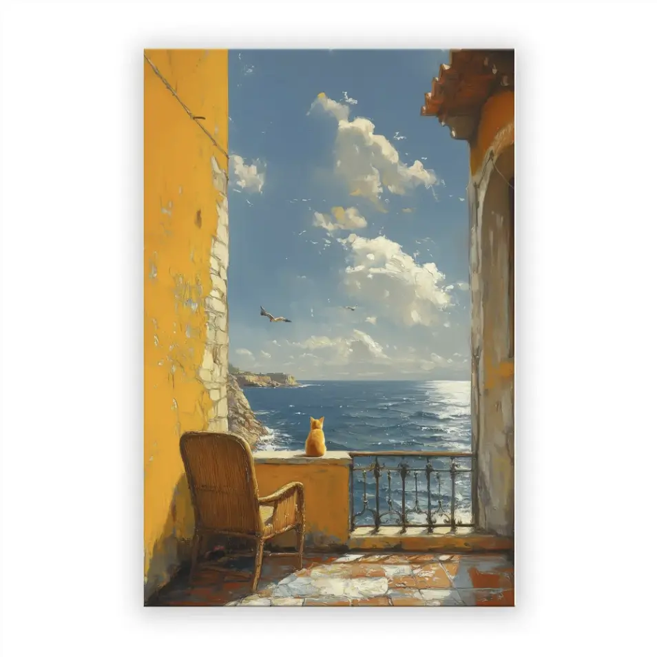 AuraWall Canvas Wall Art, Stampa di un gatto su un balcone con vista sul Mar Mediterraneo, 24x36, Quadro in tessuto Oxford con cornice, Decorazione per casa in stile costiero accogliente per soggiorno, Telaio in legno teso pronto da appendere, Regalo per amanti dei gatti