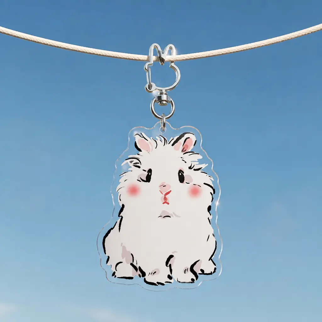 Cute Sitting White Rabbit Keychain, Rabbit 1, Clear Acrylic Bunny Ear Charm, 2.76 Inch/ 7 cm