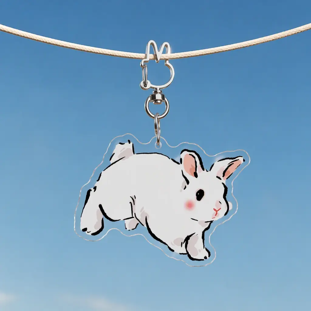 Bouncing White Rabbit Keychain, Rabbit 2, Transparent Acrylic Bunny Ear Charm, Size 2.76 inches / 7 cm