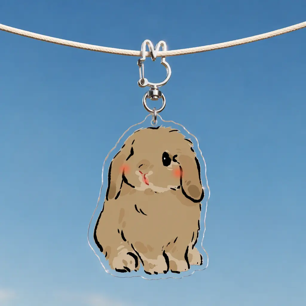 Cute Sitting Brown Rabbit Keychain, Rabbit 4, Transparent Acrylic Rabbit Ear Charm, Size 2.76 inches / 7 cm