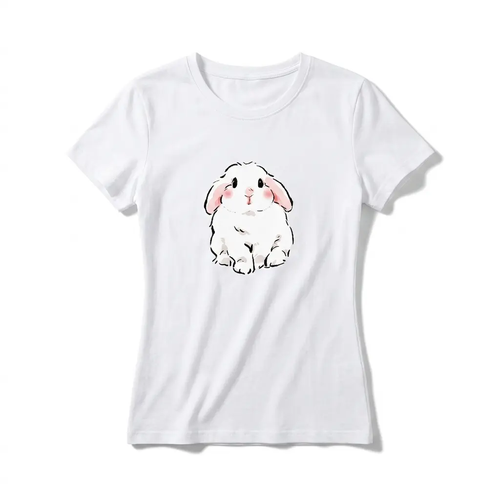 Cotton Women's T-Shirt ,Cute Sitting Lop-Eared Rabbit,168g Partial Print