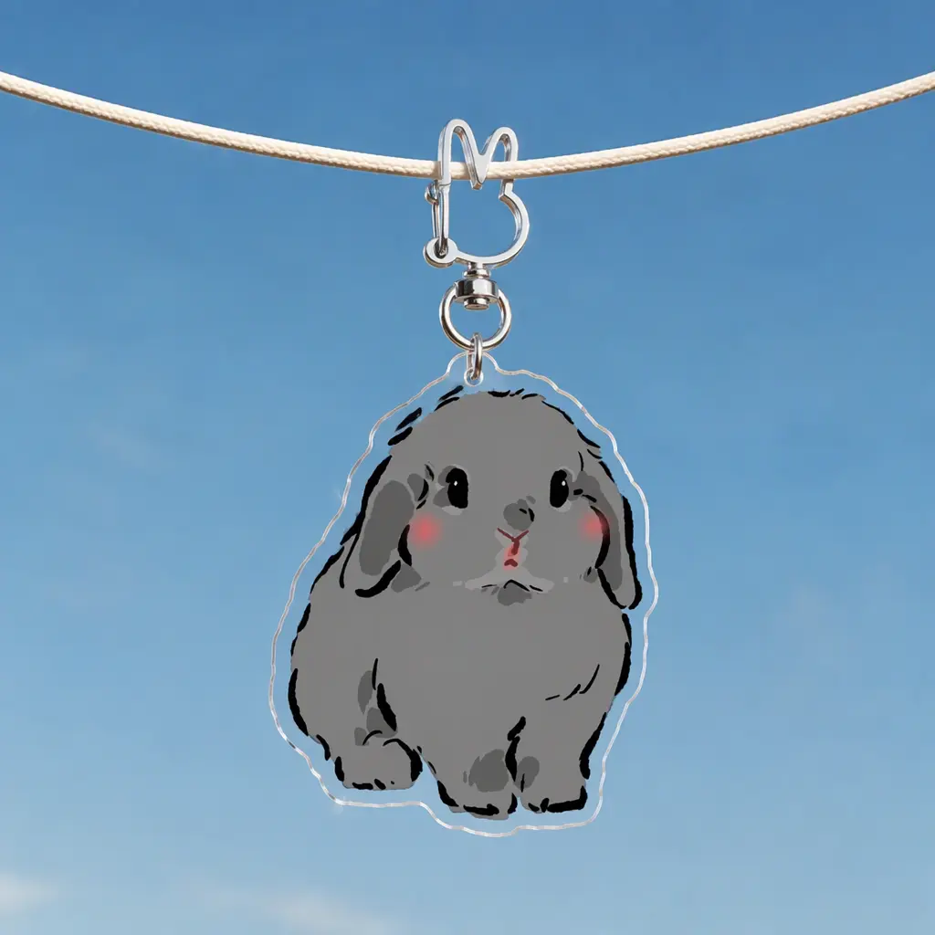 Cute Sitting Gray Rabbit Keychain, Rabbit 3, Transparent Acrylic Rabbit Ear Charm, Size 2.76 inches / 7 cm