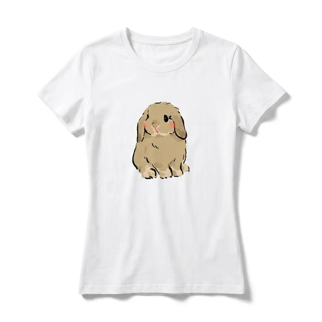 Cotton Women's T-Shirt,Cute Sitting Brown Rabbit,168g Partial Print