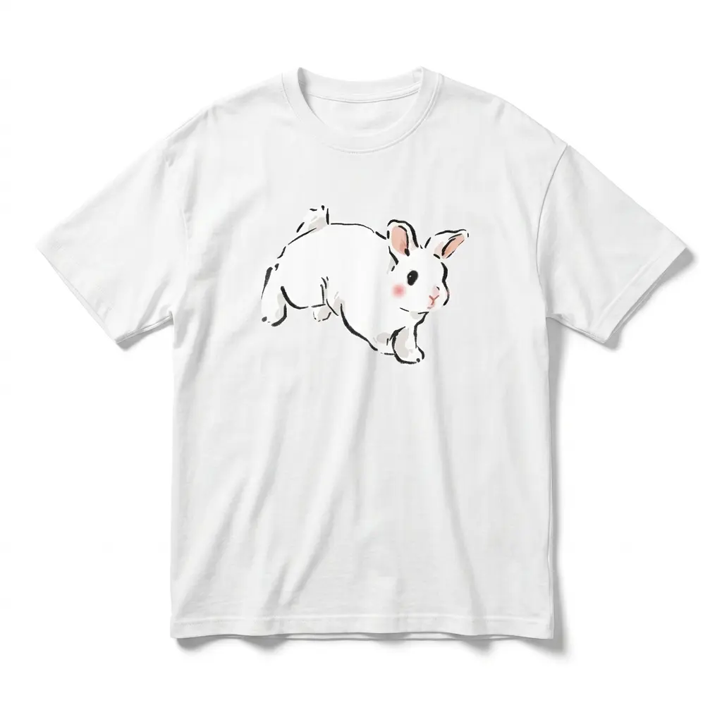 Graphic Cotton T-Shirt,Bouncing White Rabbit, Durable Heat Transfer Printing