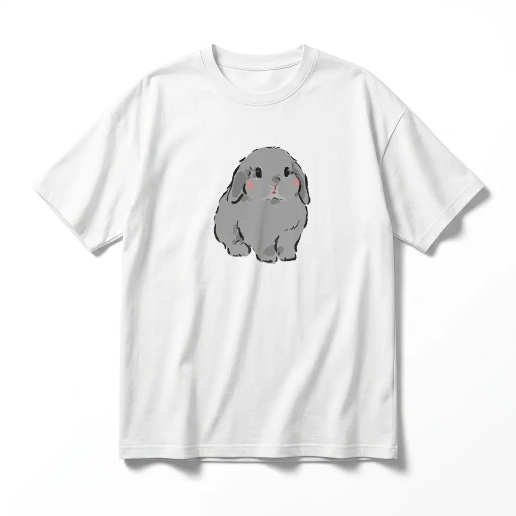 Graphic Cotton T-Shirt, Cute Sitting Gray Rabbit, Durable Heat Transfer Printing