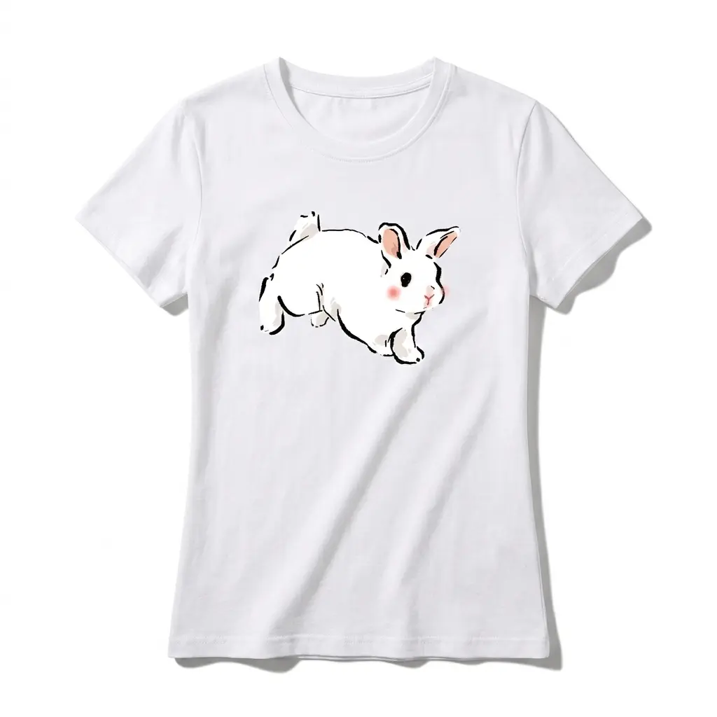 Cotton Women's T-Shirt,Bouncing White Rabbit,168g Partial Print