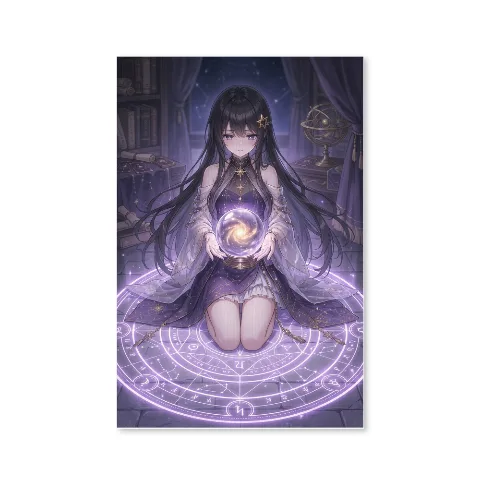 【Character Illustration Series】Esther Exclusive Merchandise Canvas Wall Scroll | Divination Girl and Purple Starry Sky Crystal Ball Anime Art Frameless Decorative Painting (16x24 inches)