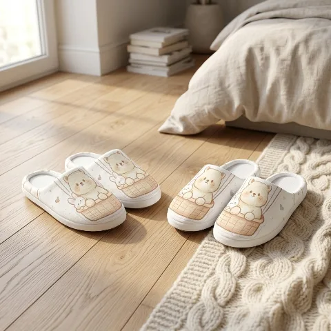CozyNest Plush House Slippers, Cute Cartoon Bear Flannel Warm Slip On Clogs, Indoor Outdoor Non Slip Sole, Thick Cushioned Fleece Lining, Unisex Bedroom Spa Guest Shoes, Machine Washable