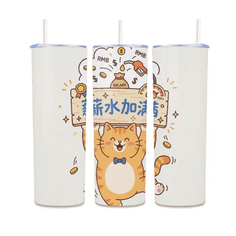 Stainless steel 304 insulated tumbler, animal cartoon cat style, straight-body portable cup, suitable for office and outdoor use, certified safe material, transparent straw design, white, 6.5cm diameter, 20cm height