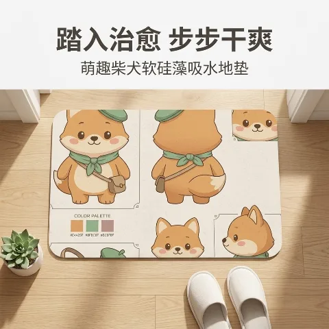 YOUZHIJU 优之居硅藻土地垫, 浴室吸水防滑脚垫, 卫生间门口脚垫, 科技布软式速干Rug, 可爱卡通小狐狸插画印花, 椭圆弧边设计防磕碰, 适用于淋浴房外厨房洗手盆玄关, 环保天然硅藻泥材质无异味, 橡胶防滑底抓地力极强安全不移位,  2. 5mm超薄设计可卷起收纳省空间, 瞬吸水分干爽防潮不留水渍, 日常打理清洗极简便水冲即净, 触感柔软亲肤温柔呵护家人双脚,  40x60cm