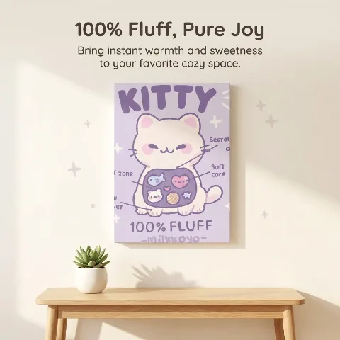 Milkkoyo Kawaii Cat Canvas Wall Art, Pastel Purple Kitten Anatomy Framed Print, Kids Girls Bedroom Nursery Decor, Stretched Canvas Wood Frame, Ready to Hang Design, Gift for Cat Lovers