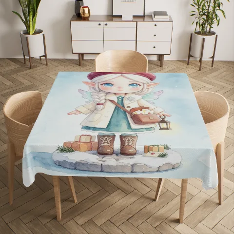 LUXEHOME Square Linen Tablecloth, Watercolor Winter Elf Holiday Table Cover, Kitchen Dining Decor, Fade-Resistant High-Definition Print, Washable Durable Material, 54x54 or 60x60 Inch, White