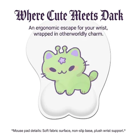 Nephila Ergonomic Mouse Pad with Wrist Support, Cute Green Alien Cat Kawaii Desk Accessory, for Laptop Computer Gaming and Office, Non-Slip Rubber Base, Silicone Gel Wrist Rest, Pain Relief
