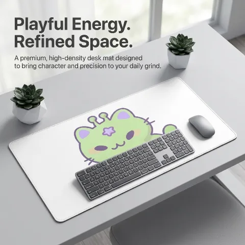 KawaDesk Large Gaming Mouse Pad, Cute Green Alien Cat Kawaii Desk Mat, Non-Slip Rubber Base, Anti-Fray Stitched Edges, Waterproof Smooth Fabric Surface for Laptop Computer, 40 x 20 Inch