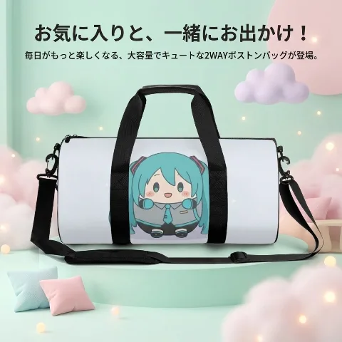 No-brand Boston bag, sports bag, large capacity, Oxford fabric, lightweight, water-repellent, cute anime-style character print design, equipped with carry-on function, for school trips, travel, gym, sports, club activities, business trips, and training camps. Highly durable, high strength, with zippers, wear-resistant, secure design. 2-way usage (shoulder carry/hand carry) with adjustable and detachable shoulder strap, includes side pockets for small item organization, unisex travel bag.