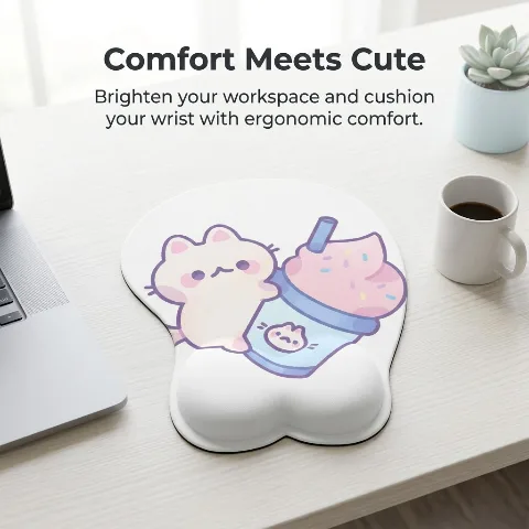 KawaPlay Ergonomic Mouse Pad with Wrist Support, Cute Kawaii Cat Boba Mousepad, Silicone Gel Wrist Rest for Laptop and Office Desk, Non-Slip Rubber Base, Pain Relief, Smooth Polyester Fabric