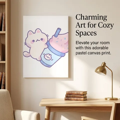 MEOWART Cute Kawaii Cat Canvas Wall Art, Framed Pastel Animal Poster for Kids Girls Room, Nursery Playroom Wall Decor, Ready to Hang Wooden Artwork, Cute Birthday Gift for Cat Lovers