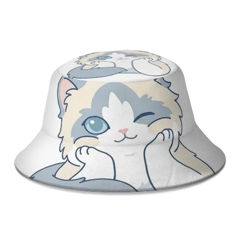 Sombrero de pescador genérico, gorra de sol con gráfico de gato Ragdoll blanco, accesorio de poliéster para exteriores para mujeres y hombres, circunferencia de 58 cm, sombrero de pescador ligero para verano, altura de 8 cm con ala de 6,5 cm de ancho