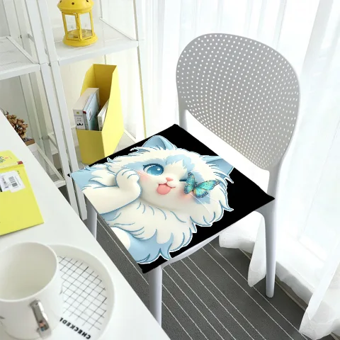 Cojín genérico para silla con diseño de gato, asiento de poliéster suave, 16x15 pulgadas, lindo gatito esponjoso con gráfico de mariposa, para uso en comedor interior y oficina, diseño duradero antideslizante, funda blanca lavable a máquina.