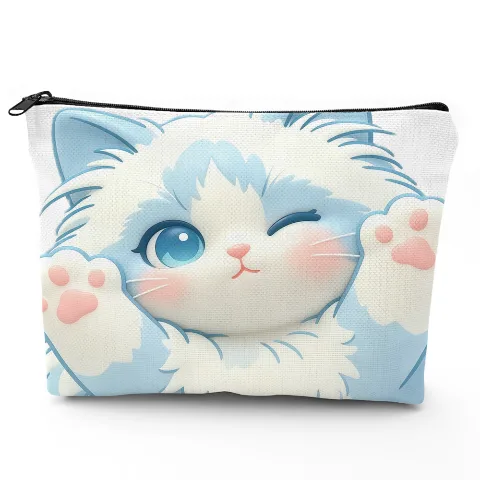 Neceser de diseño de gato de lino: estuche con estampado de cara de gato lindo para viajes y maquillaje, tela de lino natural duradera, blanco, 9x7 pulgadas, ligero y portátil