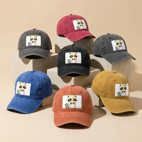 125g polyester baseball cap, denim material, heat transfer design on the front panel, unisex, multiple colors available, suitable for outdoor sports and sun protection, lightweight, durable, and adjustable.