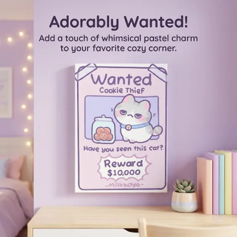 Milkkoyo Cute Cat Canvas Wall Art, Wanted Cookie Thief Kawaii Painting for Kids Playroom Bedroom Nursery Decor, Ready to Hang Stretched Wooden Frame Poster Print, Ideal Birthday Gift